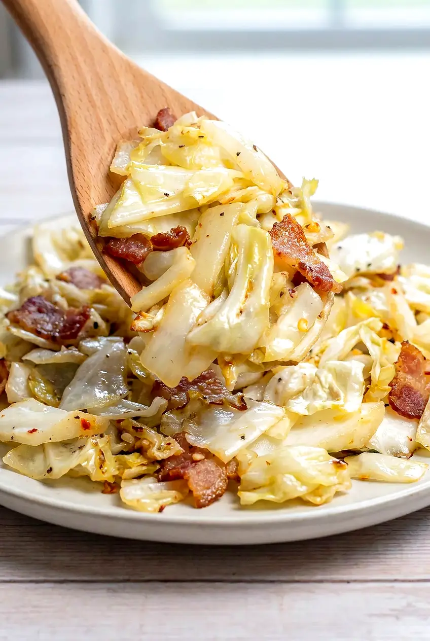 Air fryer cabbage with bacon served warm on a plate with browned edges and chopped bacon