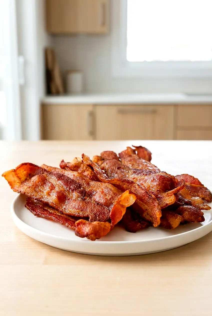 Crispy air fryer bacon stacked on a white plate, browned and lightly curled.