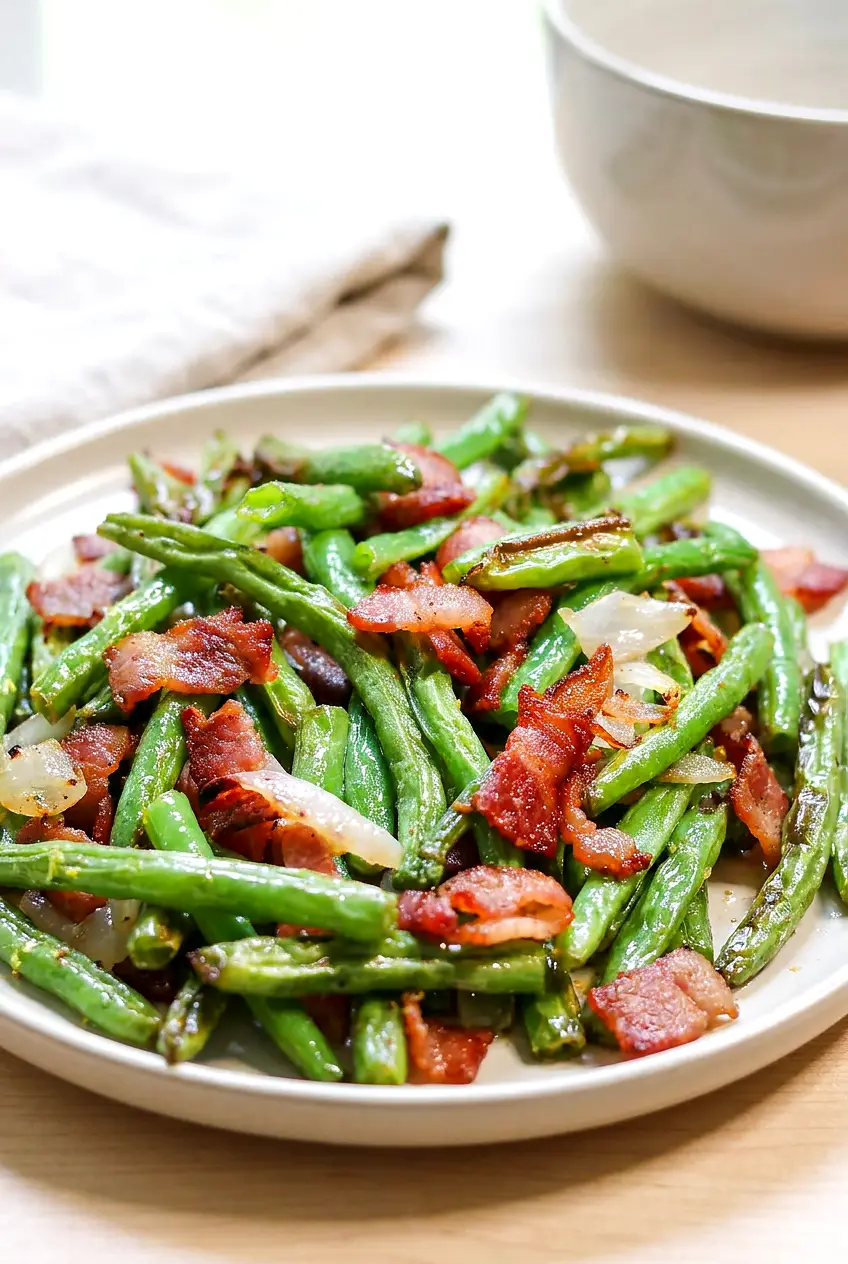 Air fryer green beans with bacon served on a plate with browned onion and crisp bacon pieces