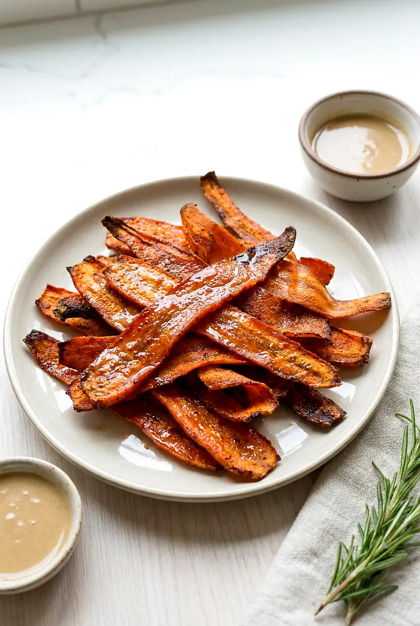 Air fryer carrot bacon piled on a plate with curled, lightly crisp edges