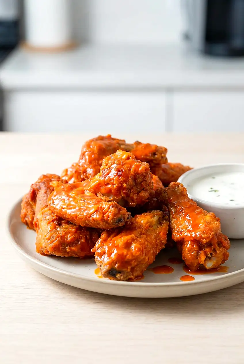 Crispy air fryer chicken wings with flour on a plate, tossed in buffalo sauce