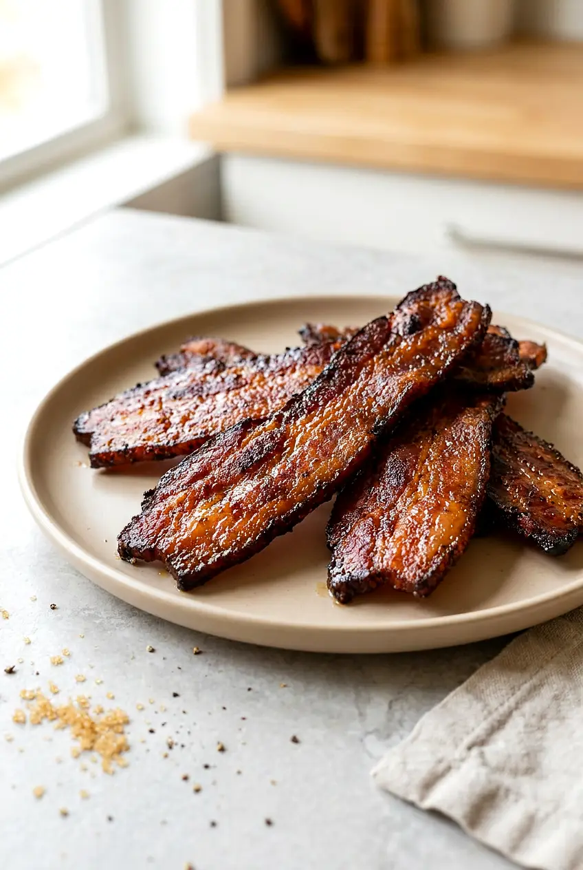Air fryer bacon jerky served on a plate with browned edges and a chewy, crisp finish