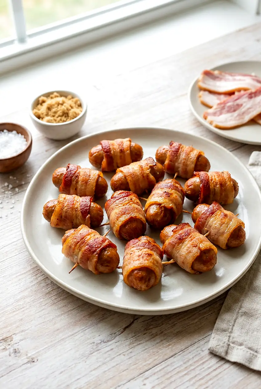 Air fryer bacon wrapped sausage bites served on a platter with browned crispy bacon edges.