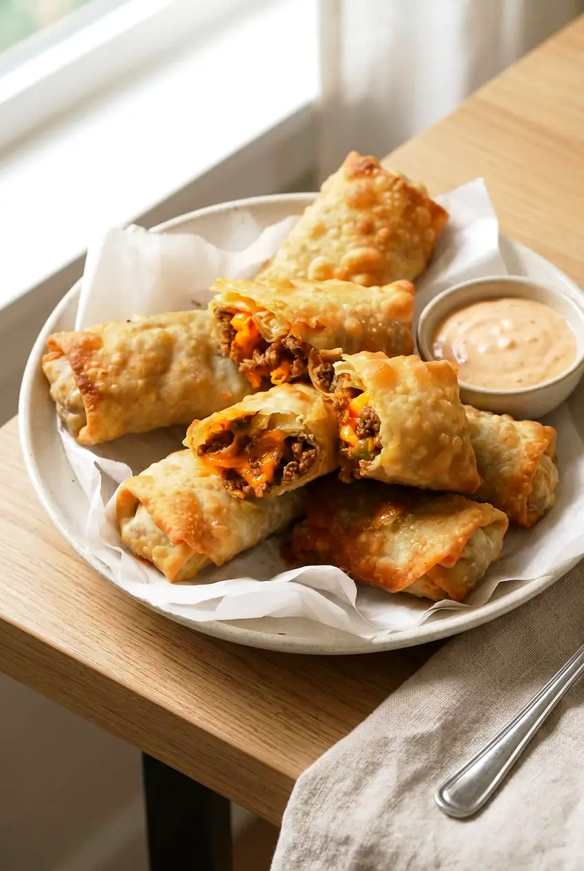 Air fryer bacon cheeseburger egg rolls served golden and crisp with dipping sauce