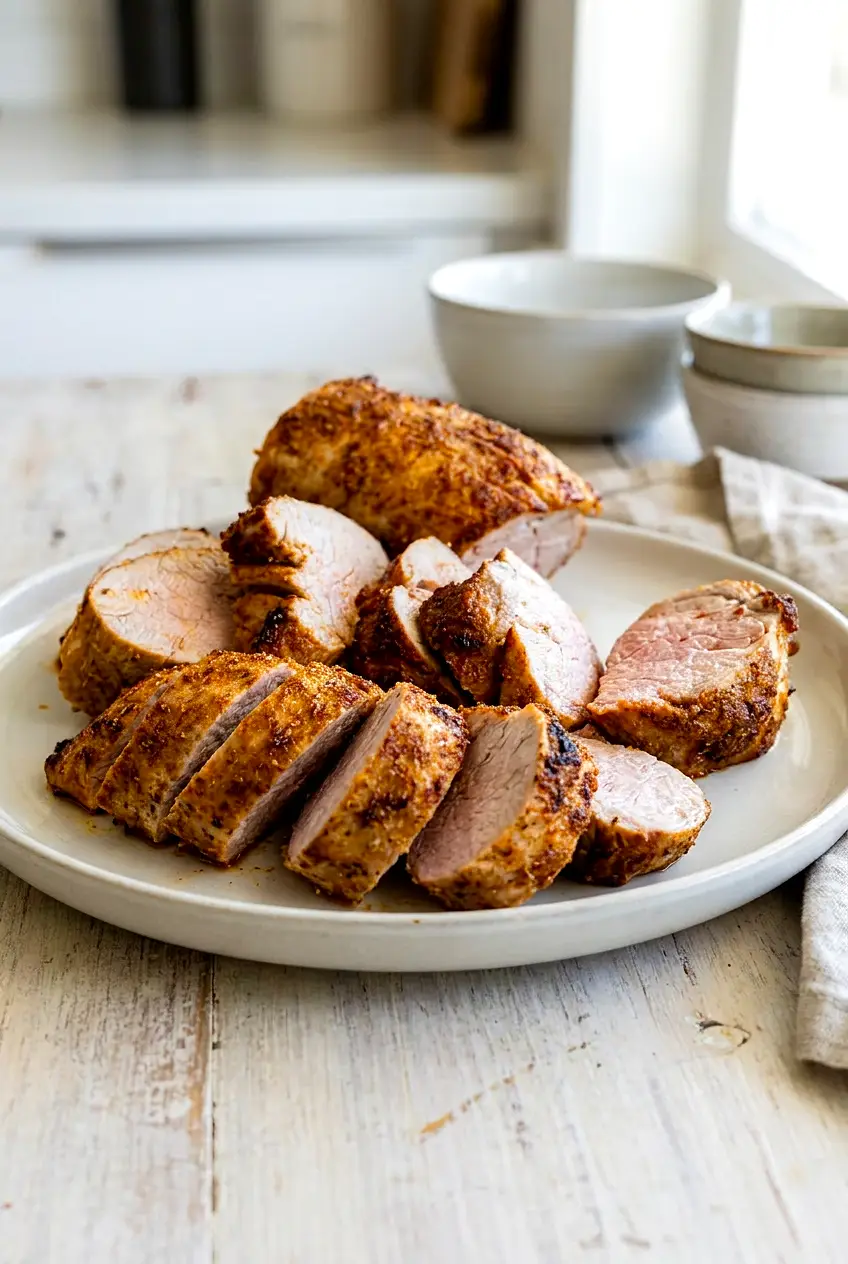 Air fryer pork tenderloin sliced on a plate with a browned spice crust and juicy center