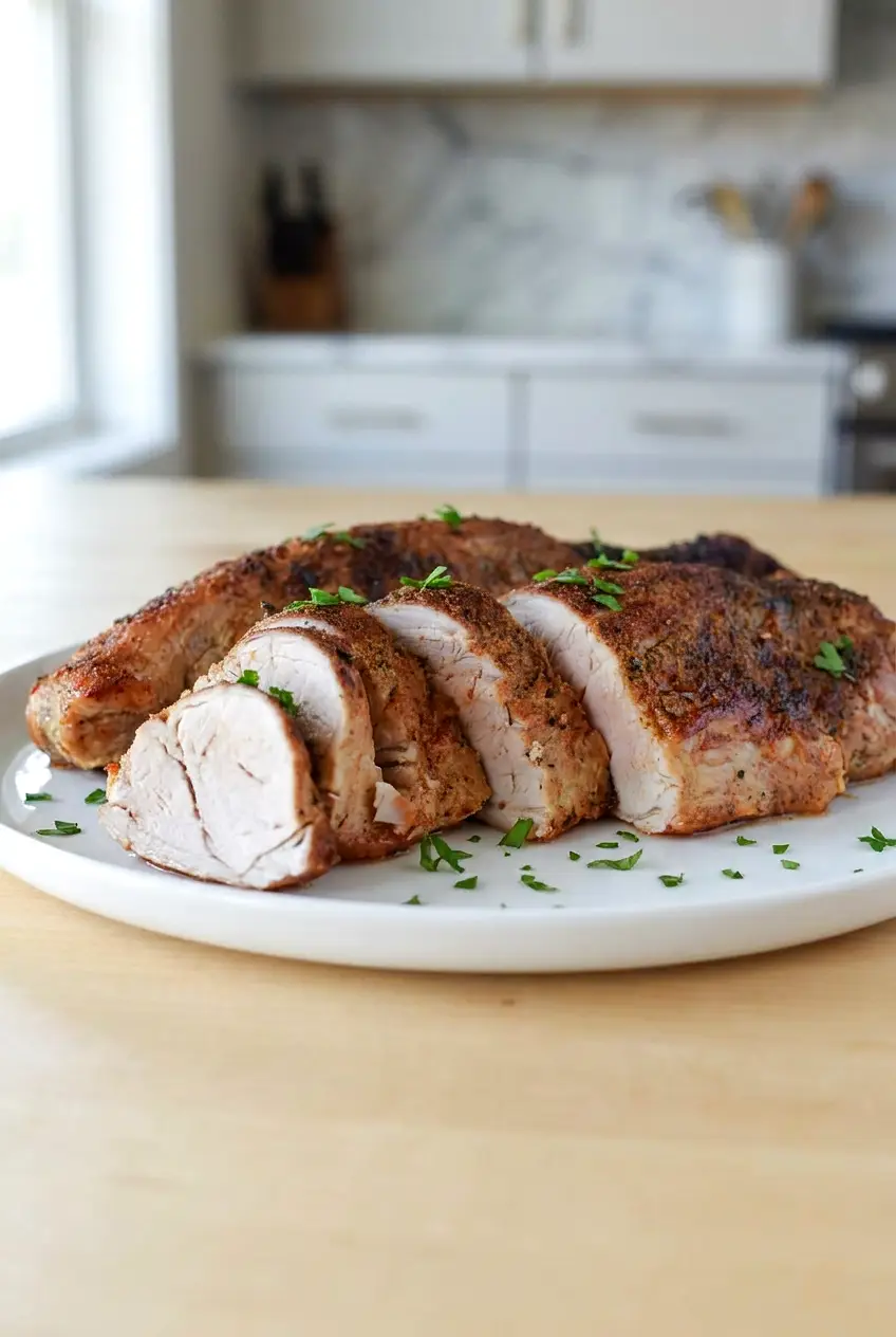 Sliced air fryer pork tenderloin on a platter with a browned crust and juicy center.