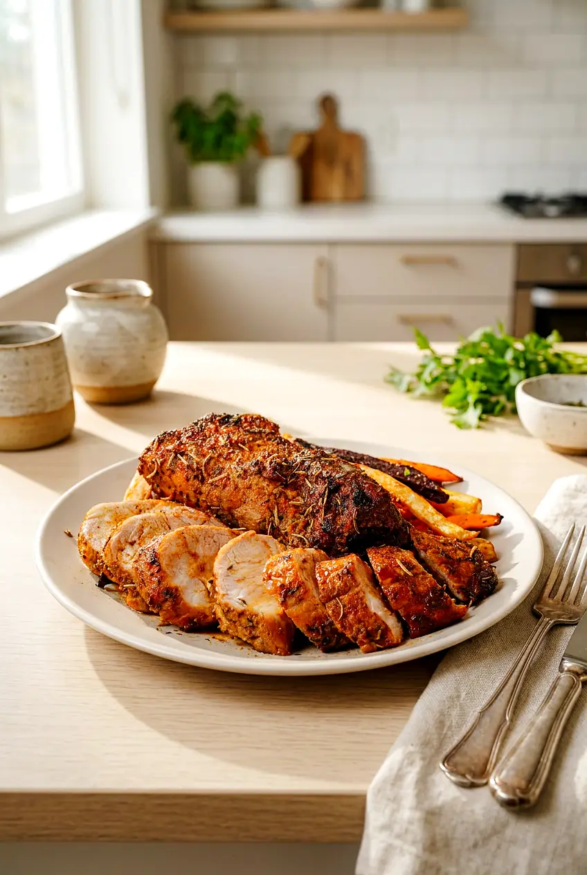 Sliced air fryer pork tenderloin with browned brown sugar rub on a serving plate