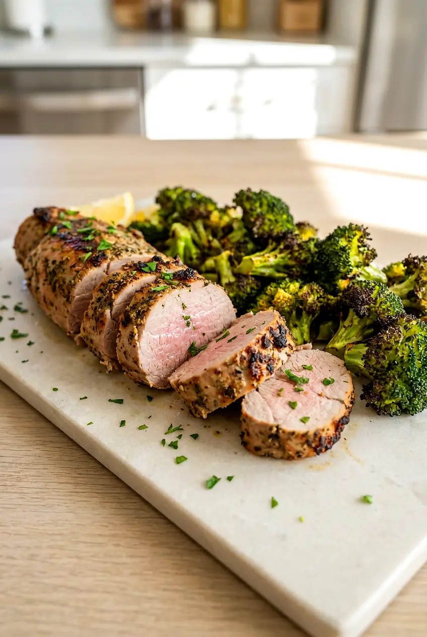 Air fryer pork tenderloin sliced on a platter with a browned herb crust and juicy center