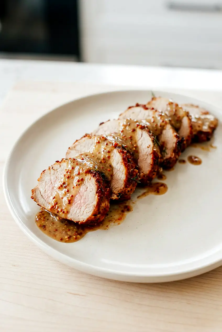 Maple mustard air fryer pork tenderloin sliced on a plate with a glossy glaze and browned edges