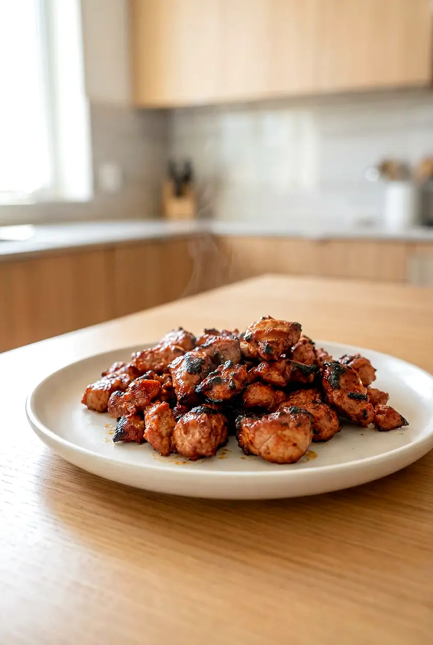 Air fryer BBQ pork tenderloin pieces on a plate with sticky caramelized edges