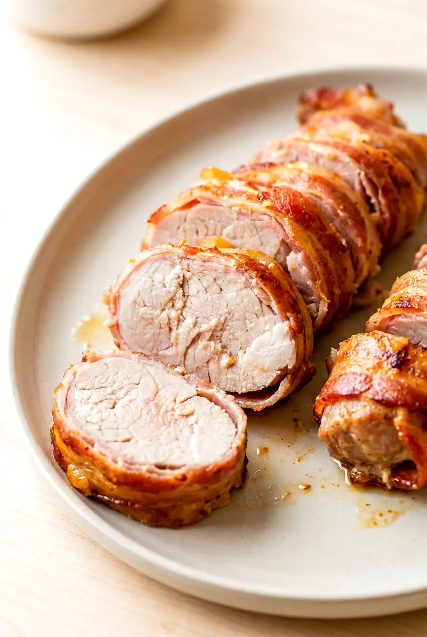 Air fryer bacon wrapped pork tenderloin sliced on a platter with browned bacon and juicy pork medallions