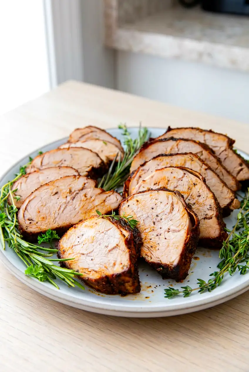 Plated air fryer ranch seasoned pork tenderloin sliced into juicy pieces with a browned crust
