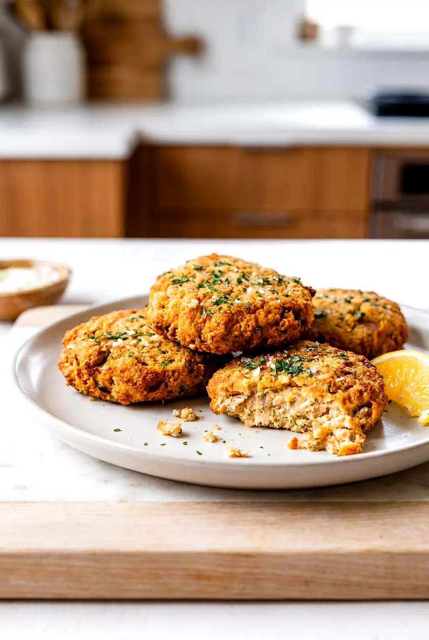 Air fryer salmon cakes served on a plate with crisp golden edges and a lemon wedge