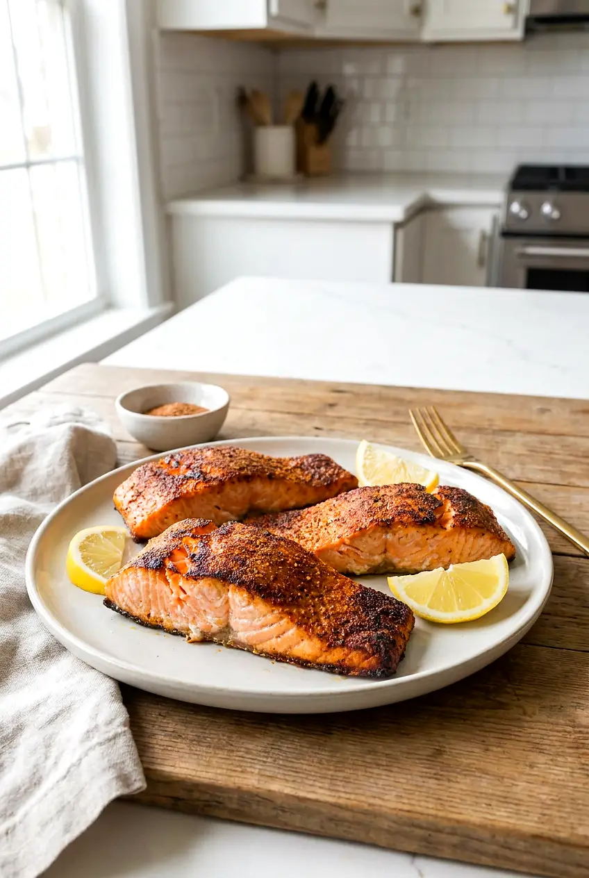 Crispy Air Fryer salmon fillets plated with lemon wedges and lightly browned edges