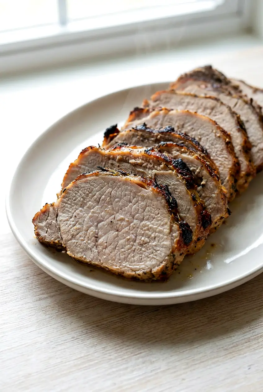 Plated air fryer pork loin roast sliced with browned rosemary garlic crust