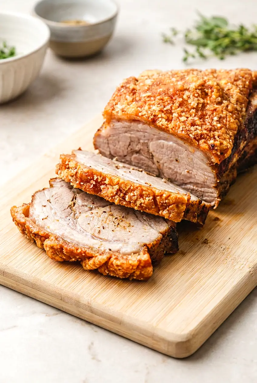 Air fryer roast pork with crackling sliced on a board, golden blistered skin and juicy meat