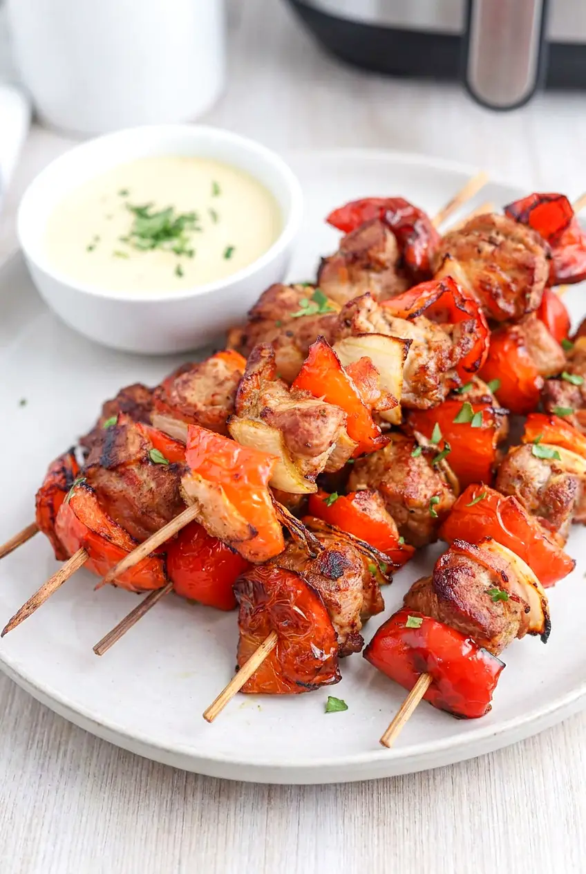 Air fryer pork kebabs served on a platter with browned pork, peppers, onions, and maple-mustard dip