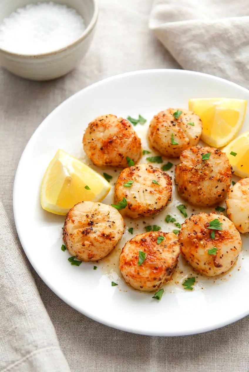 Plated air fryer scallops with light browning and melted butter on a white plate