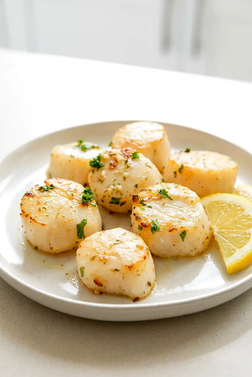 Air fryer scallops with garlic butter served on a plate with lemon wedges and chopped parsley