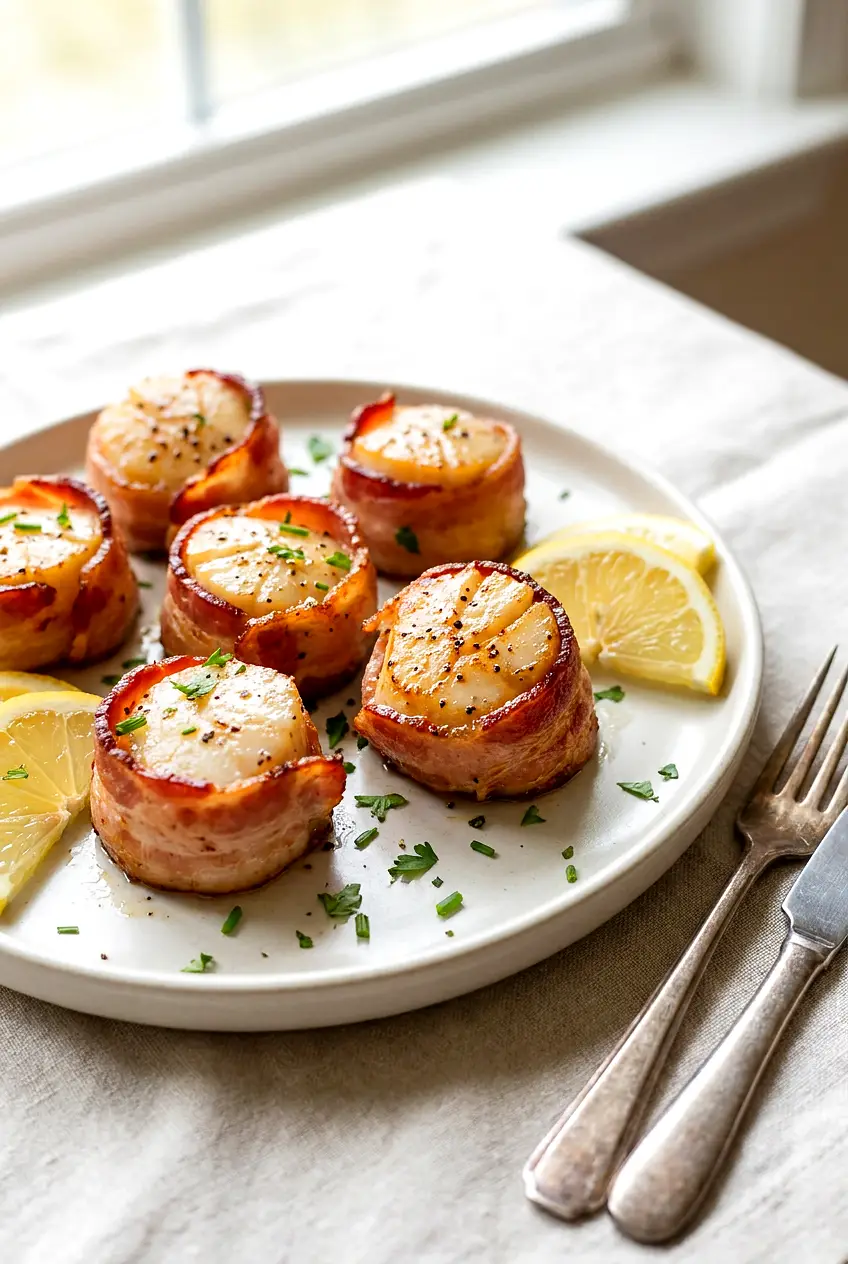 Air fryer bacon wrapped scallops served on a platter with lemon wedges and light herb garnish