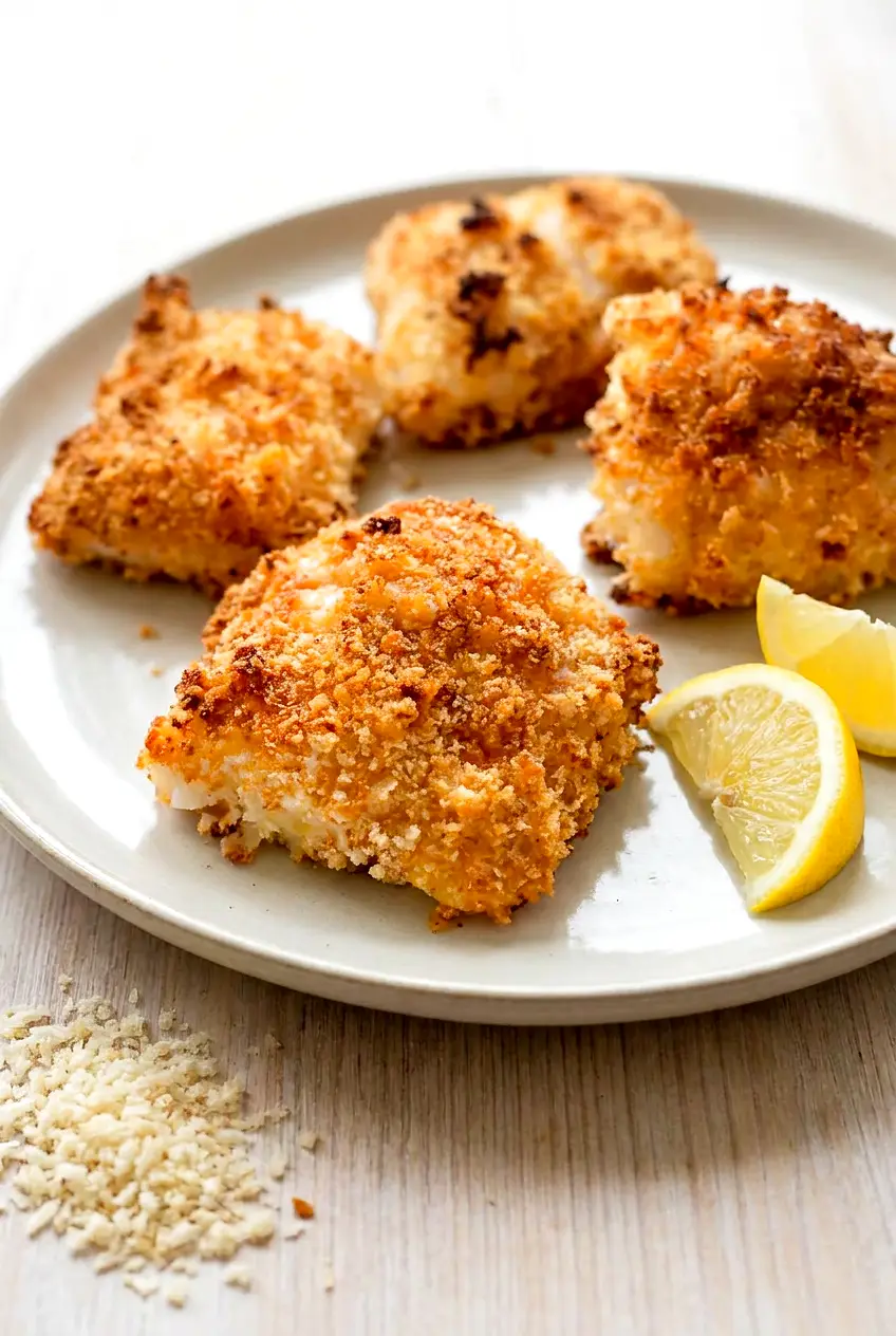 Air fryer crispy cod on a plate with golden panko crust and lemon wedges