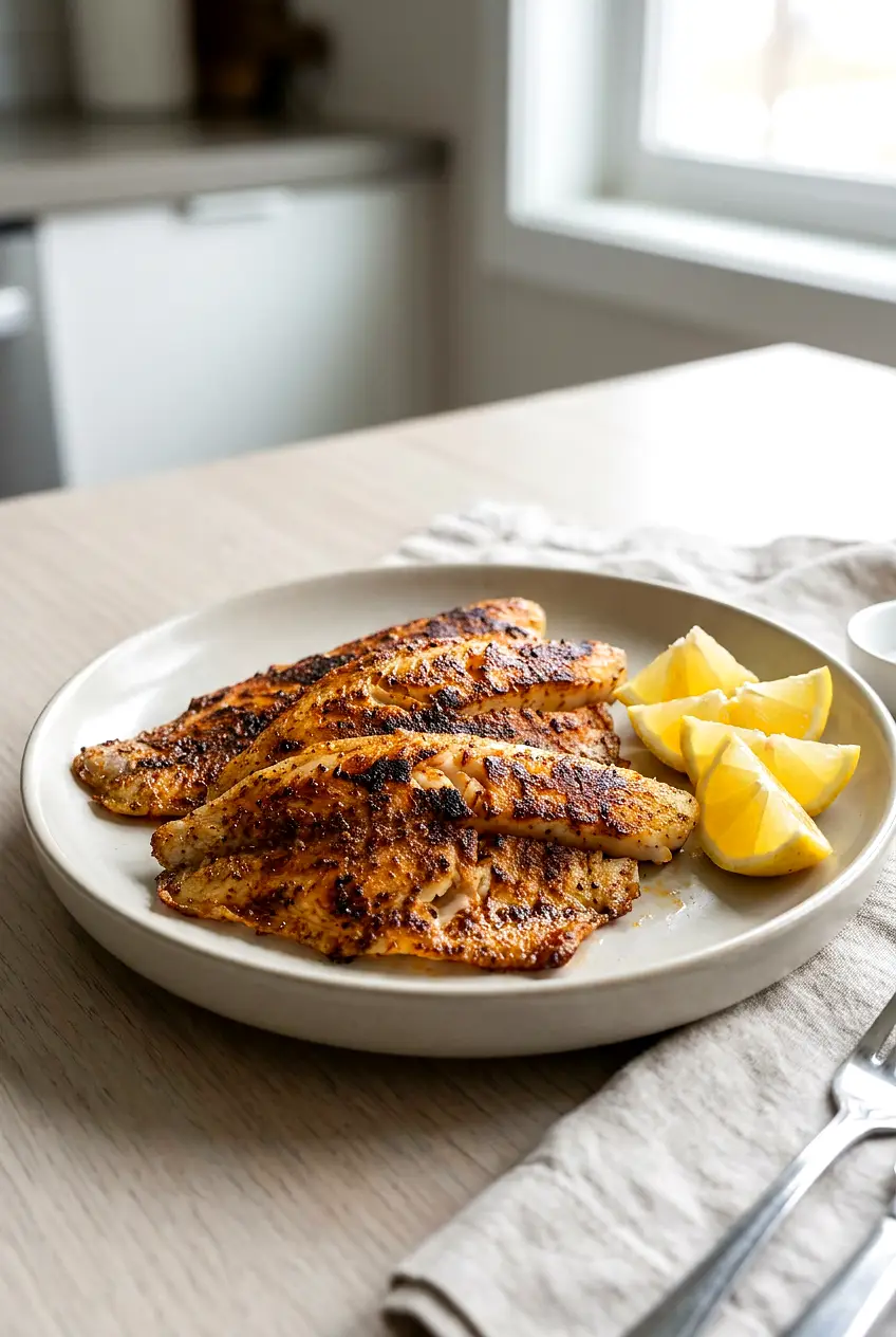 Air fryer swai fish served on a plate with lemon wedges and lightly crisp blackened seasoning.