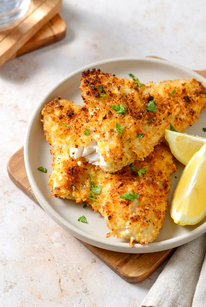Air fryer walleye on a plate with a golden parmesan-panko crust and lemon wedges
