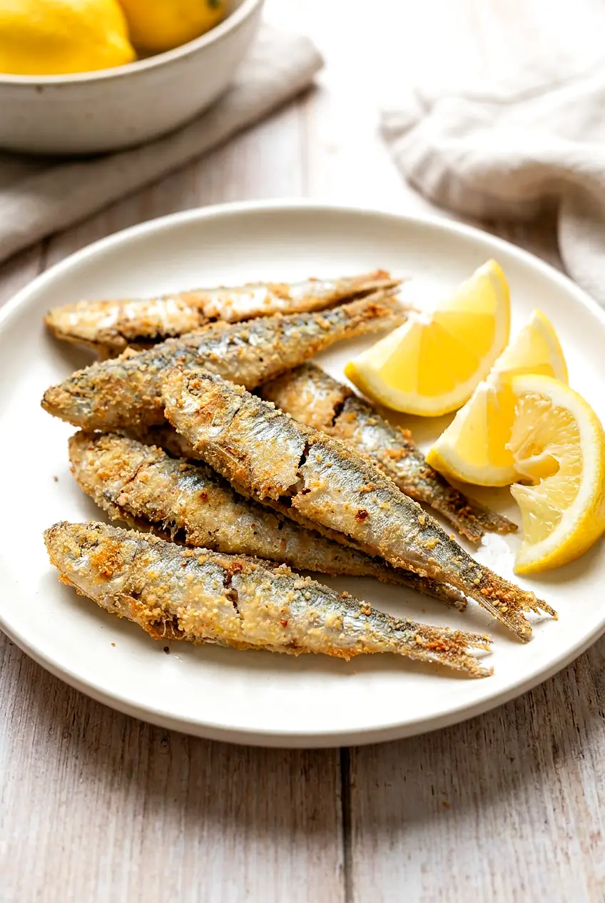 Air fryer canned sardines plated with crisp golden coating and lemon wedges