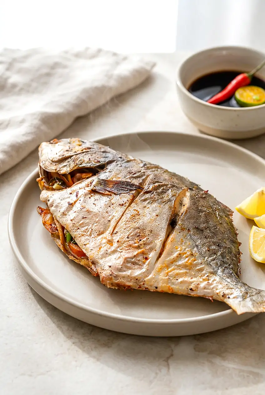 Air fryer pompano served whole on a plate with browned skin and citrus aromatics