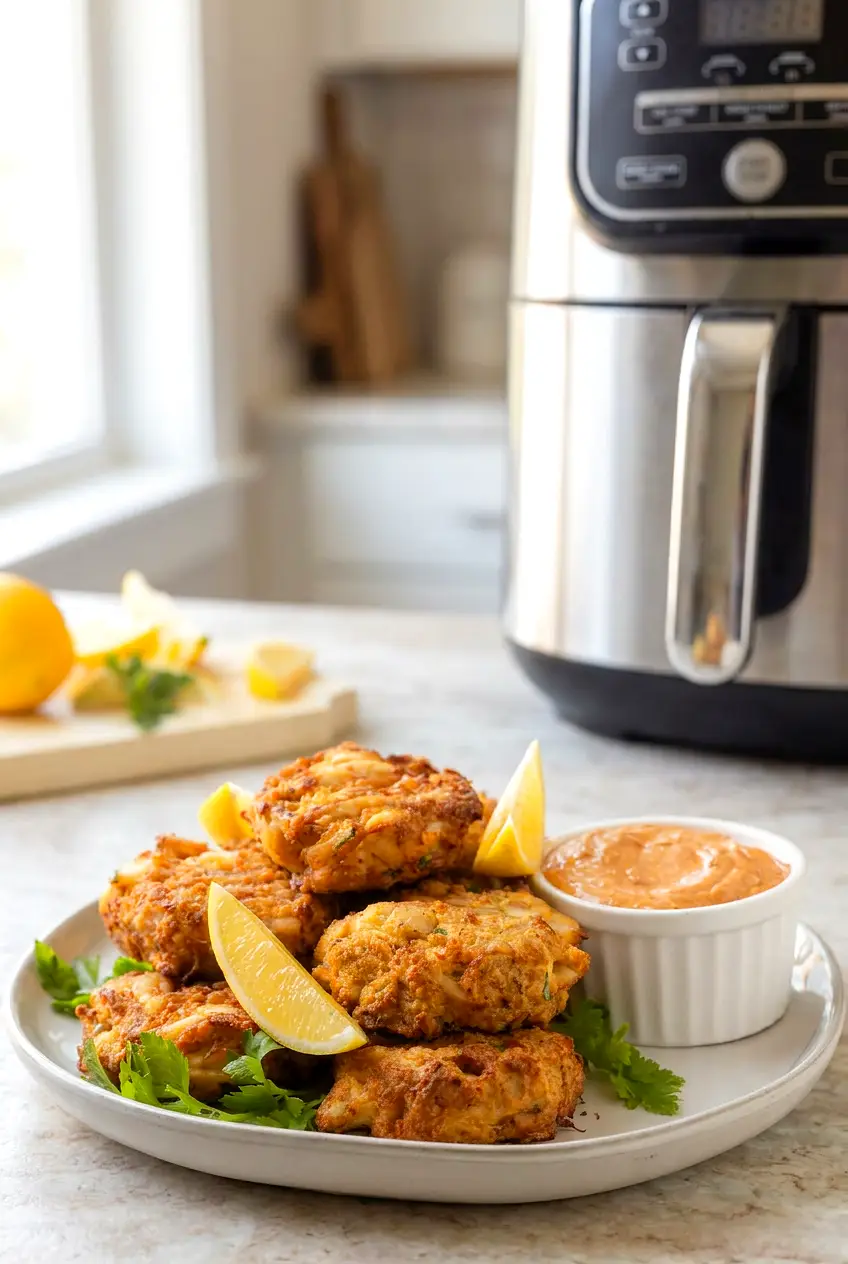 Air fryer crab cakes served on a plate with lemon wedges and dipping sauce