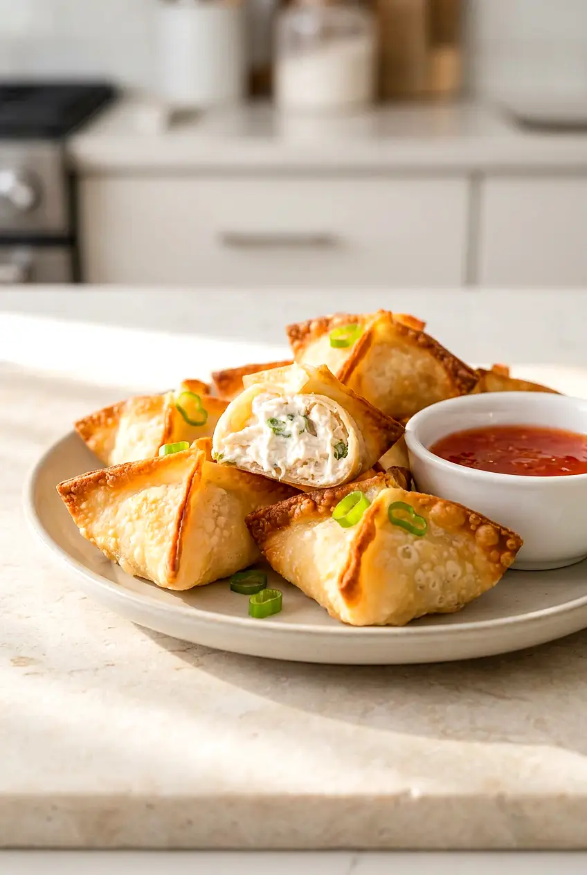 Air fryer crab rangoon served on a plate with sweet chili sauce for dipping