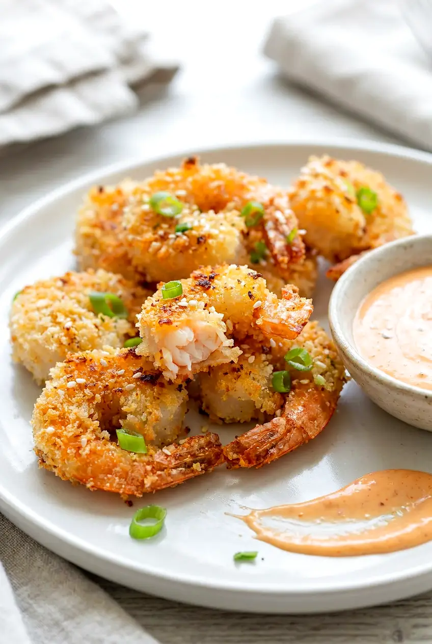 Close-up of air fryer shrimp panko showing the crunchy golden crust and juicy shrimp inside