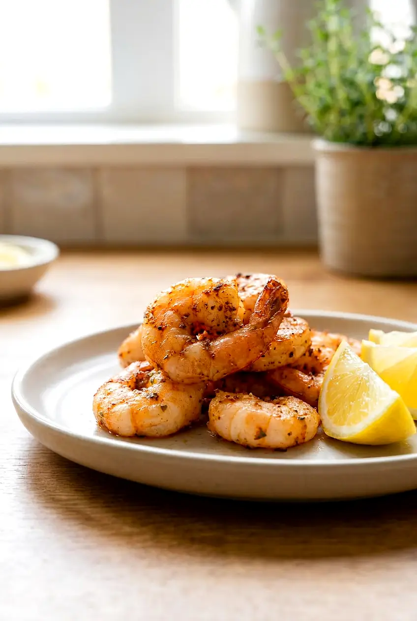 Close-up of air fryer shrimp showing juicy, opaque texture and lightly crisped seasoned edges with lemon wedges.