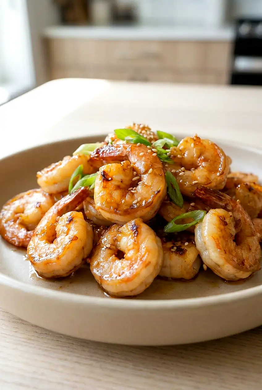 Close-up of air fryer honey garlic shrimp showing glossy glaze and juicy, opaque shrimp pieces