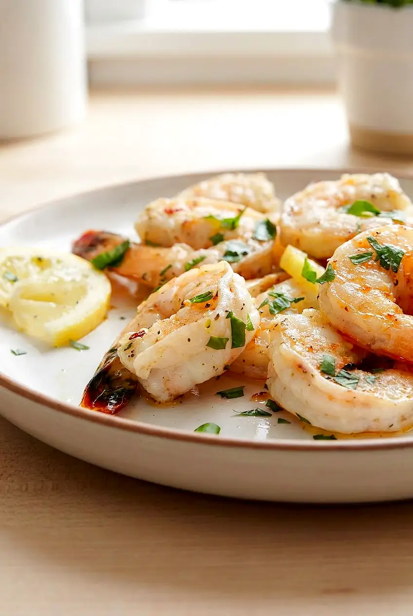 Close-up of air fryer lemon garlic shrimp showing the juicy pink interior, garlic coating, and lemon parsley garnish