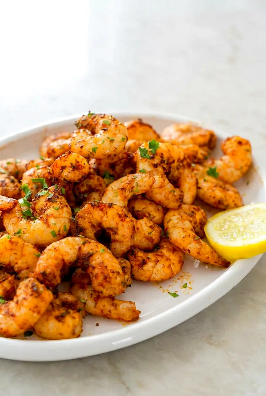 Close-up of air fryer Cajun shrimp showing lightly browned edges and juicy curved shrimp with lemon