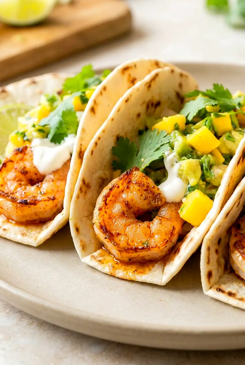 Close-up of air fryer shrimp tacos showing juicy shrimp and chunky mango-avocado salsa