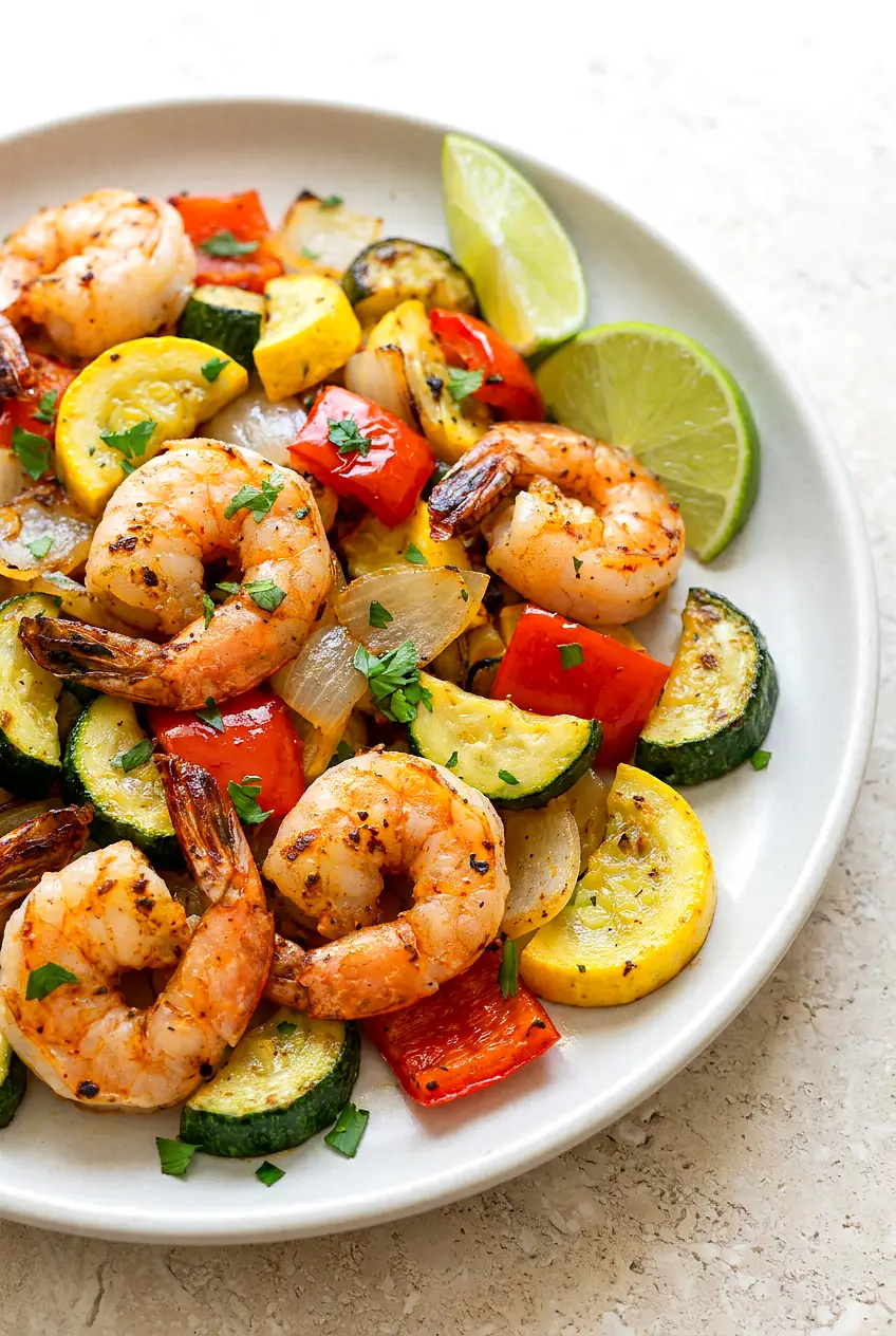 Close-up of air fryer shrimp and vegetables with juicy shrimp, browned edges, and chopped parsley