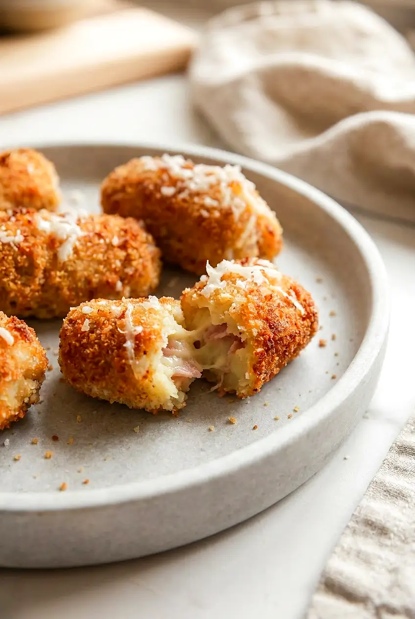 Close-up of air fryer potato croquettes showing the crisp crust and soft potato filling