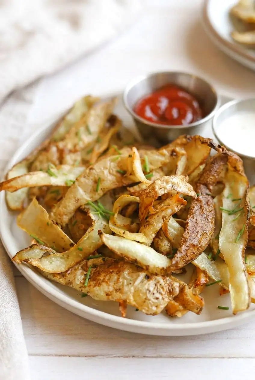 Close-up of air fryer potato peels with crisp curled edges and dipping sauce on the side