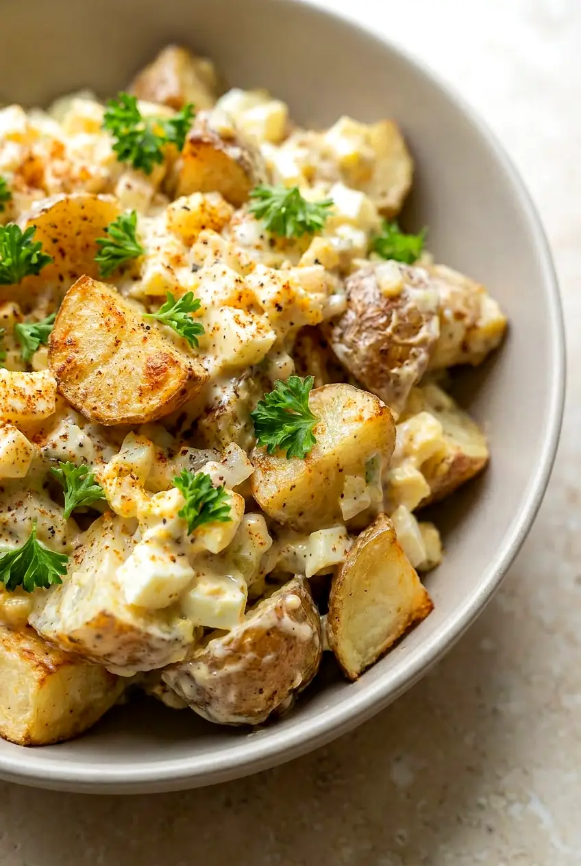 Close-up of air fryer potato salad showing roasted potato edges, chopped egg, and creamy dressing