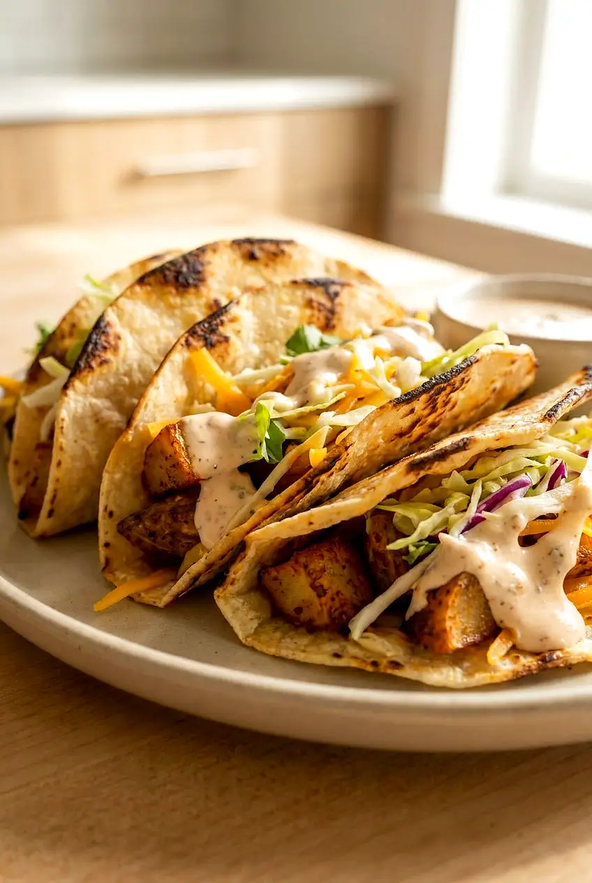 Close-up of air fryer potato tacos showing crisp browned potatoes, melted cheddar, lettuce, and creamy chipotle-style sauce