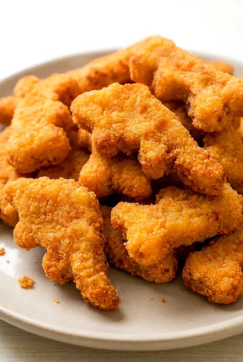 Close-up of crispy air fryer dino nuggets showing golden breading and crunchy texture