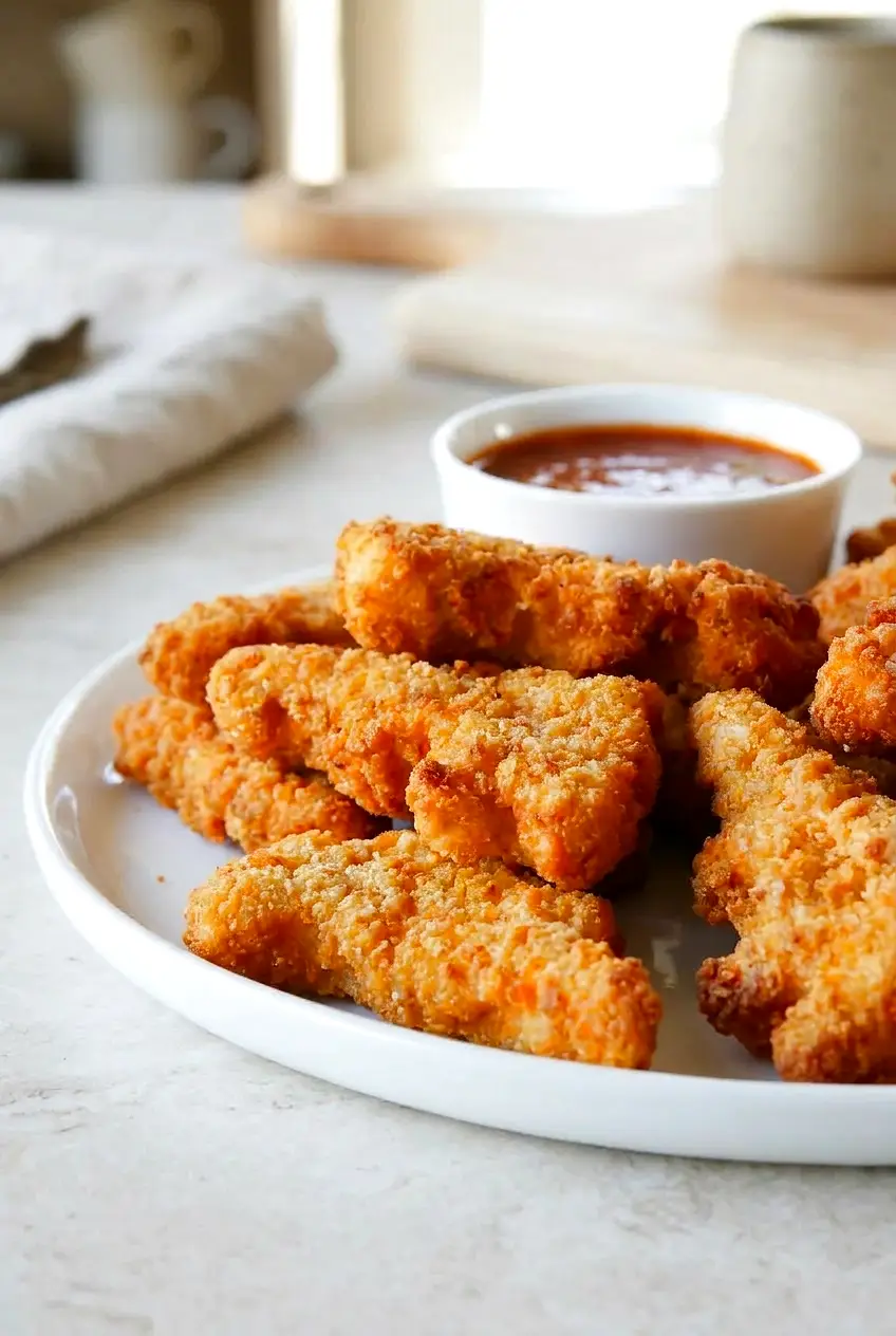Close-up of Air Fryer Tyson Dino Nuggets showing crispy golden coating and crunchy browned edges with dipping sauce