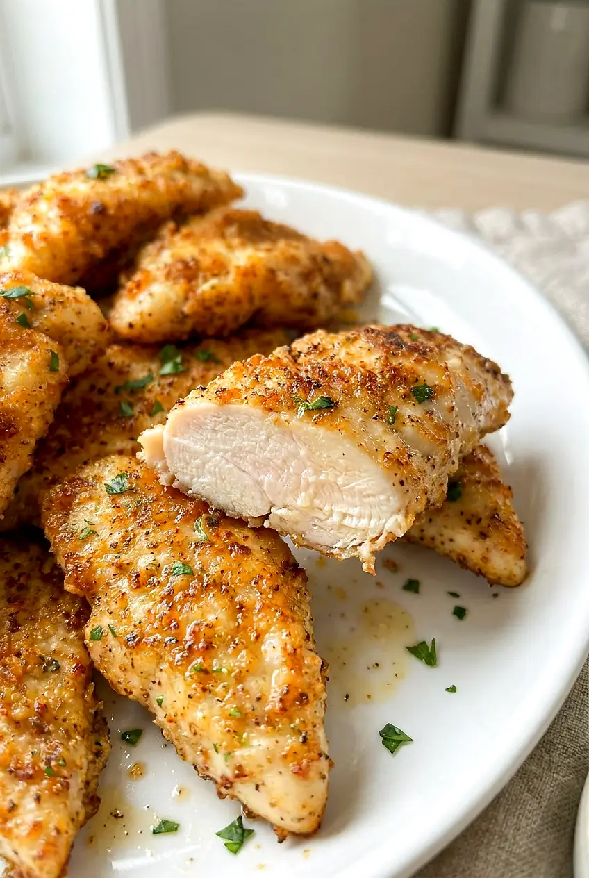 Close-up of air fryer chicken tenders no breading showing juicy centers and lightly crisp browned edges