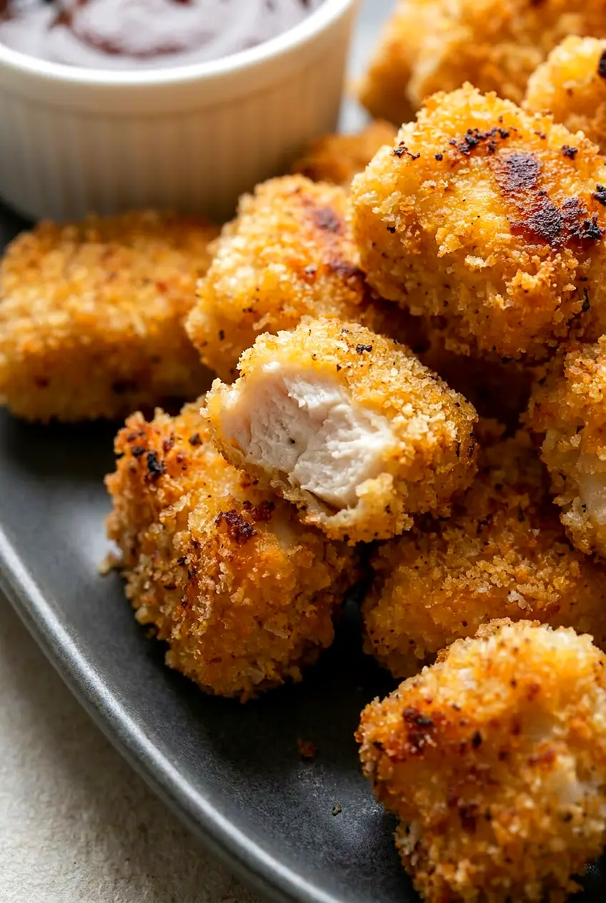Close-up of crispy air fryer chicken bites showing the crunchy breadcrumb coating