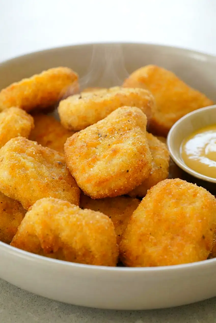 Close-up of air fryer frozen nuggets showing crisp browned coating and honey mustard dip