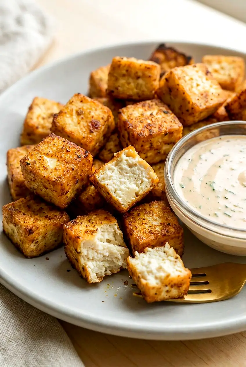 Close-up of crispy air fryer tofu showing golden browned edges and tender centers