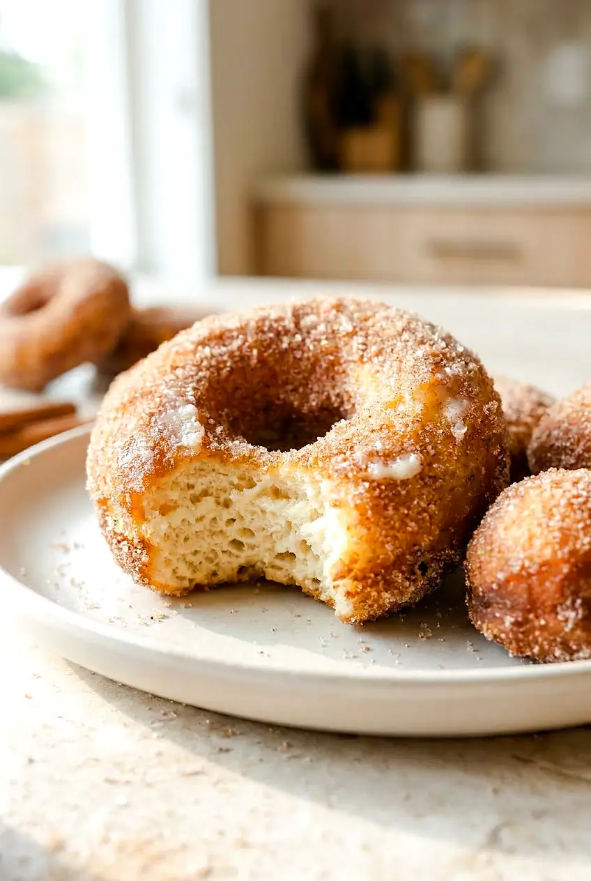Close-up of air fryer cinnamon sugar donuts showing the soft center and sparkling sugar coating