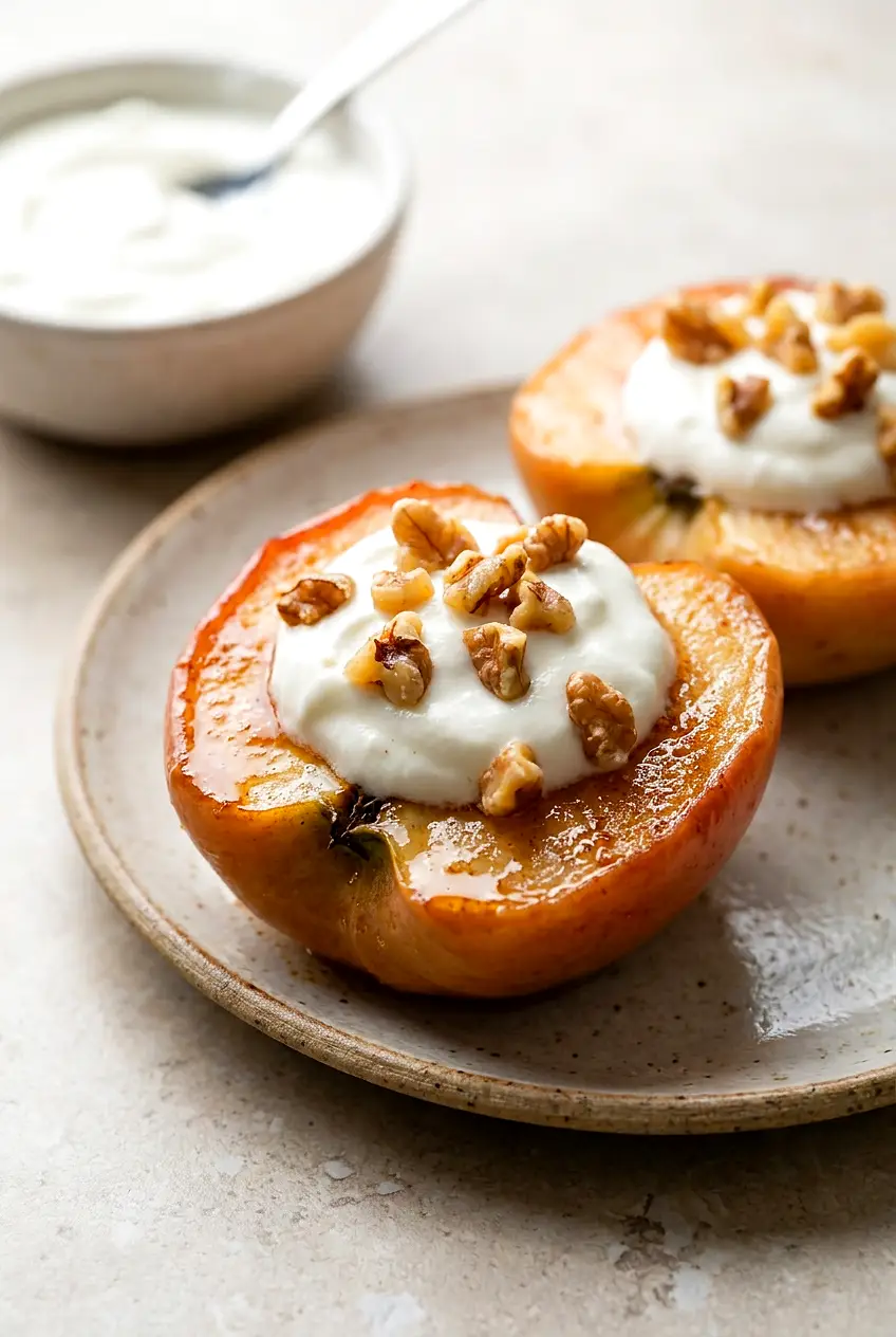 Close-up of air fryer apples with Greek yogurt and toasted walnuts showing tender baked apple texture